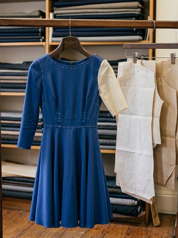 A navy dress in progress on a hanger in a tailor's workshop, basting stitches still visible, beside hanging paper patterns