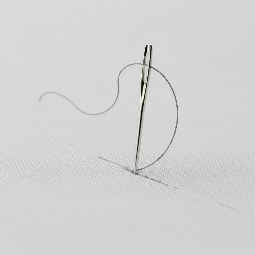 A threaded needle standing in fabric beside a line of stitching